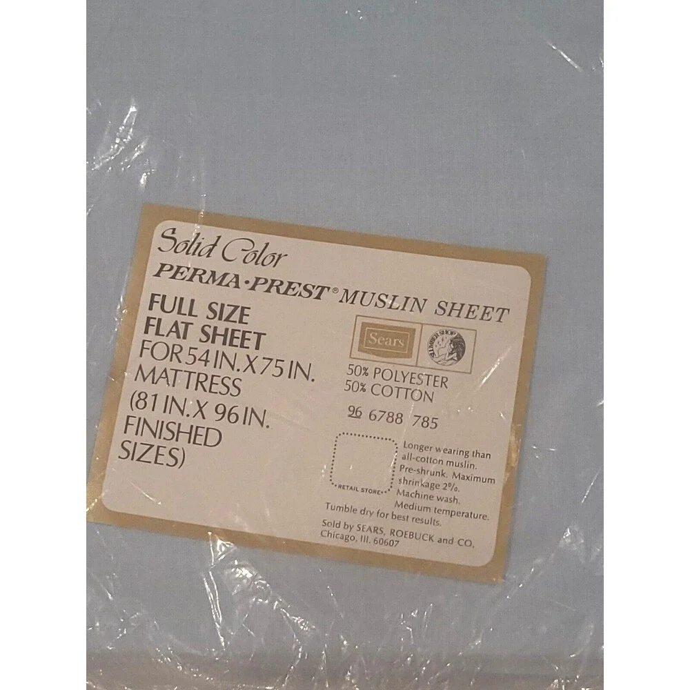 Vintage Sears FULL Flat Sheet Perma-Prest‎ Muslin Bed Sheet NOS-Blue